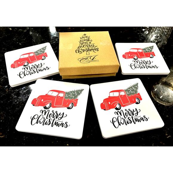 Red Truck Christmas Coaster Set - Picture 1 of 4